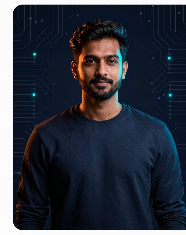 Professional portrait of a South Asian male technology architect, low-key dark-room lighting, sharp glowing cyan and orange neon rim lights, subtle circuit pattern background, octane render, 8k