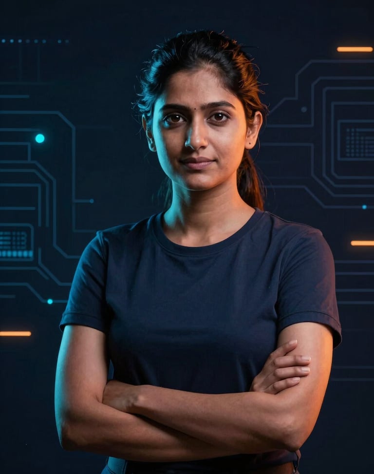 Professional portrait of a South Asian female cybersecurity engineer, low-key dark-room lighting, sharp glowing cyan and orange neon rim lights, subtle digital network background, octane render, 8k