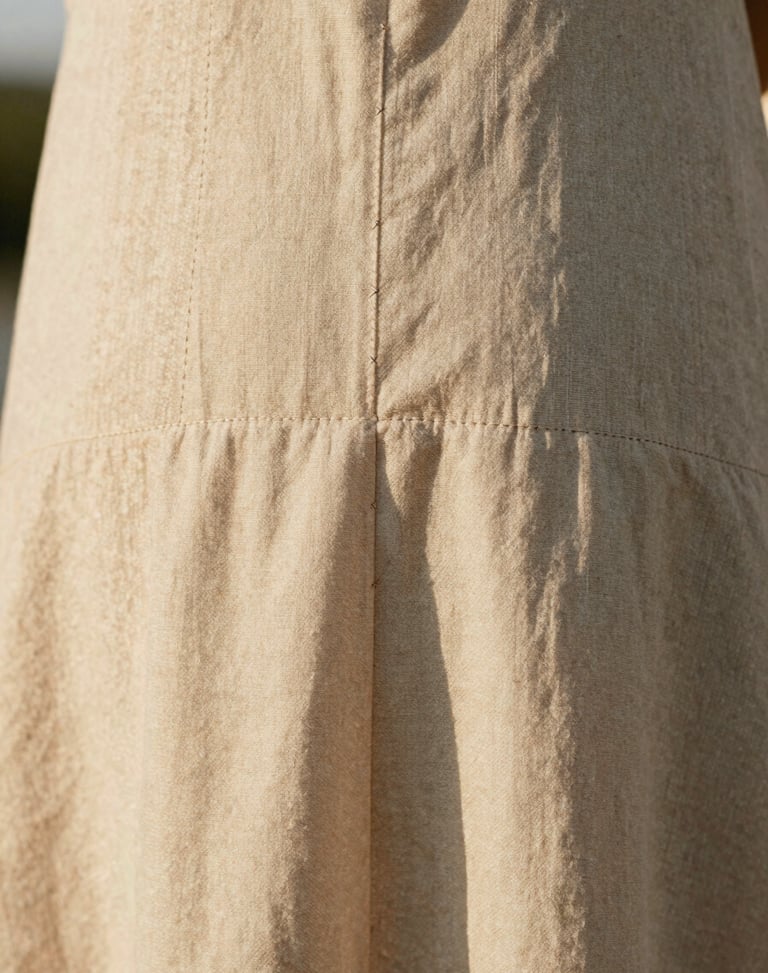 Extreme close-up of hand-finished seams on a beige linen dress, soft diffused side-lit daylight.