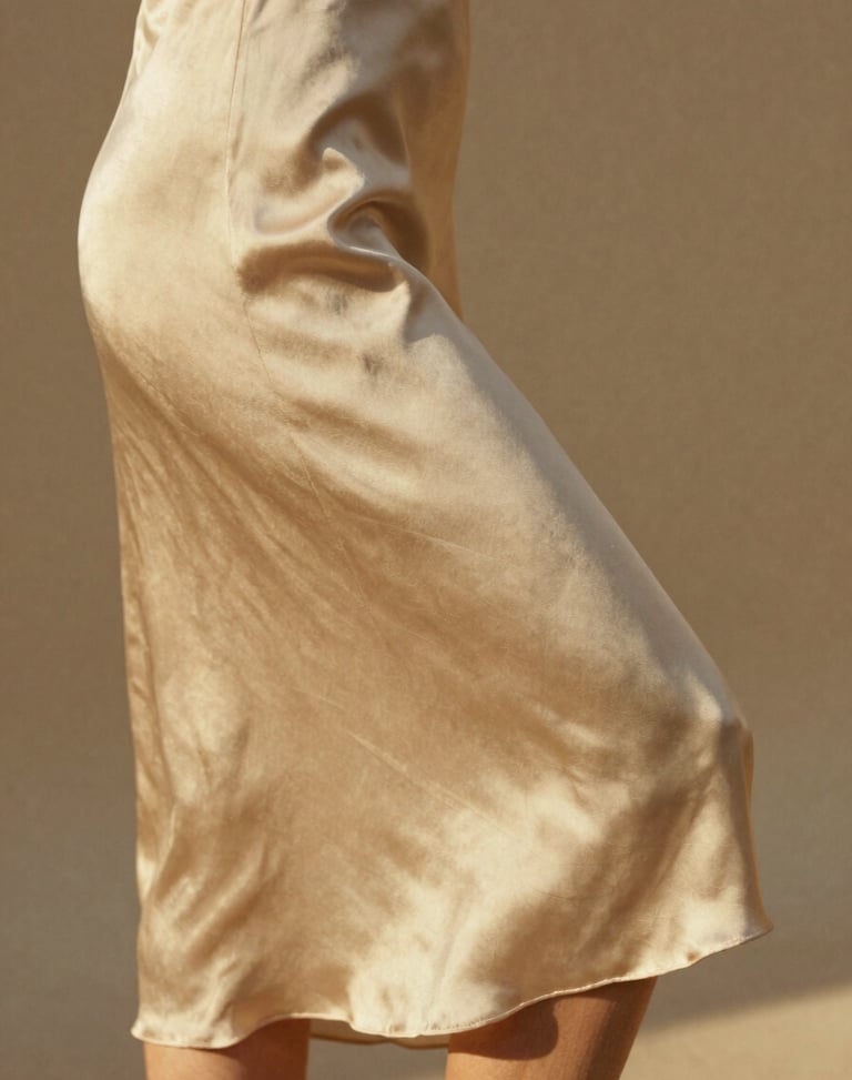 Detail shot of a soft gold silk dress skirt catching the light as it turns, warm low-contrast lighting.