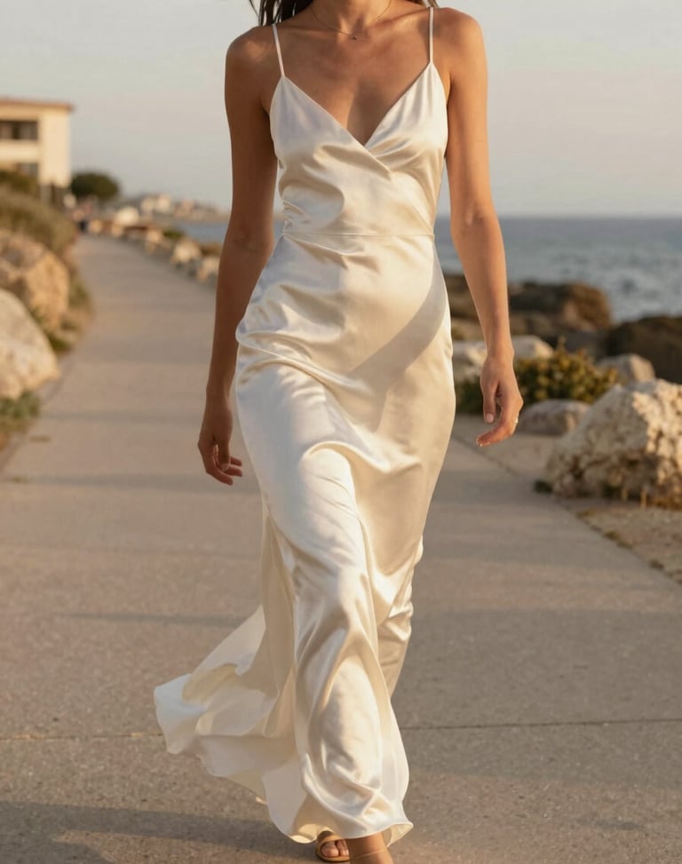 A woman walking down a sunlit coastal path wearing a flowing white silk dress, golden hour light.