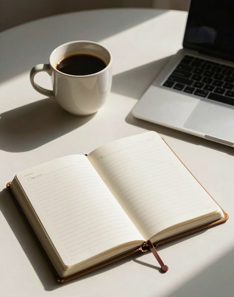 Cinematic high-contrast flat-lay of a ceramic coffee cup next to an open physical planner and a modern laptop on an ivory surface, soft morning window light with deep shadows, elegant and structured composition.