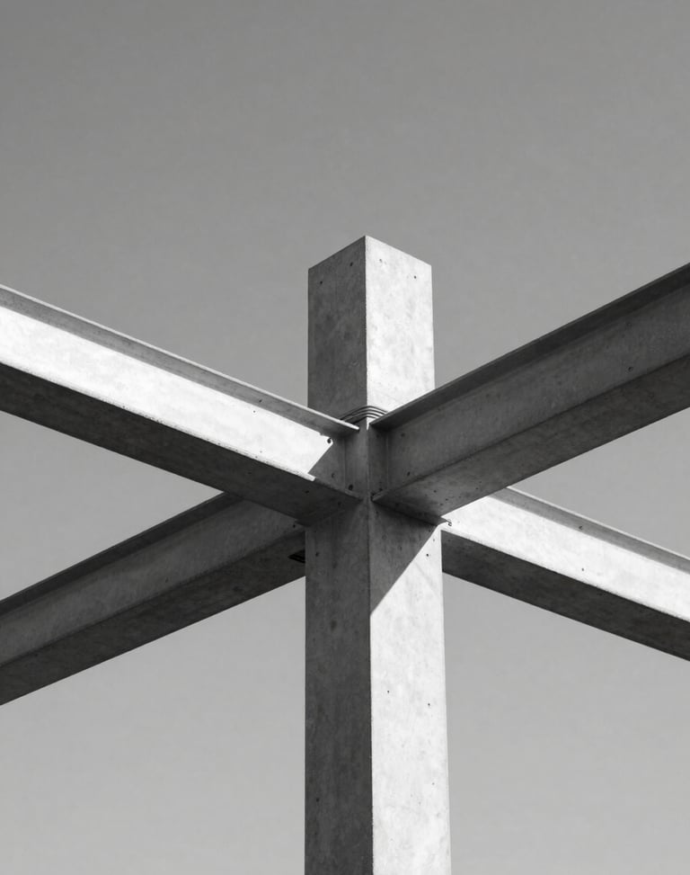 Minimalist structural steel joints and cables under high tension, stark natural light, high contrast monochrome, 35mm lens