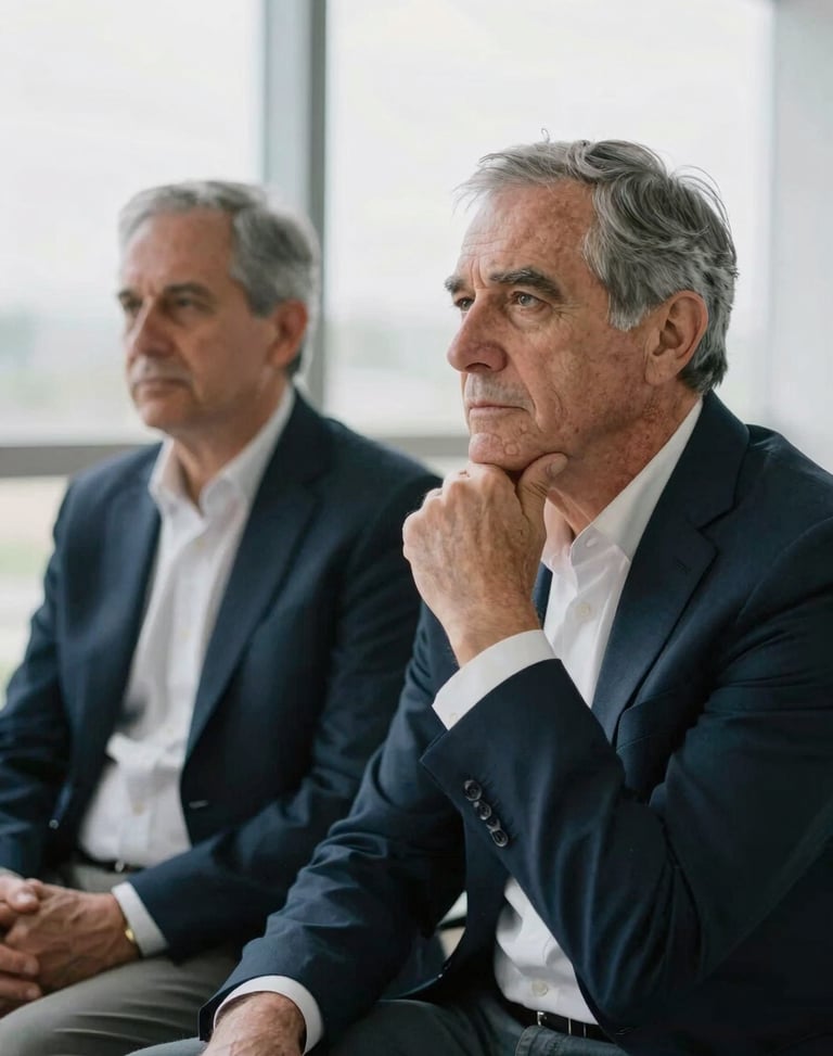 Quiet, natural-light portrait of a senior male partner in deep thought, soft overcast daylight, muted corporate tones, 50mm lens.