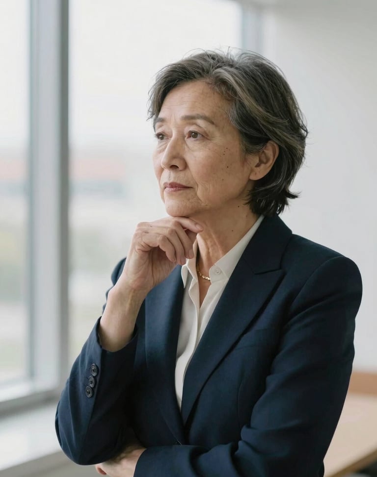 Quiet, natural-light portrait of a senior female partner in deep thought, soft overcast daylight, muted corporate tones, 50mm lens.