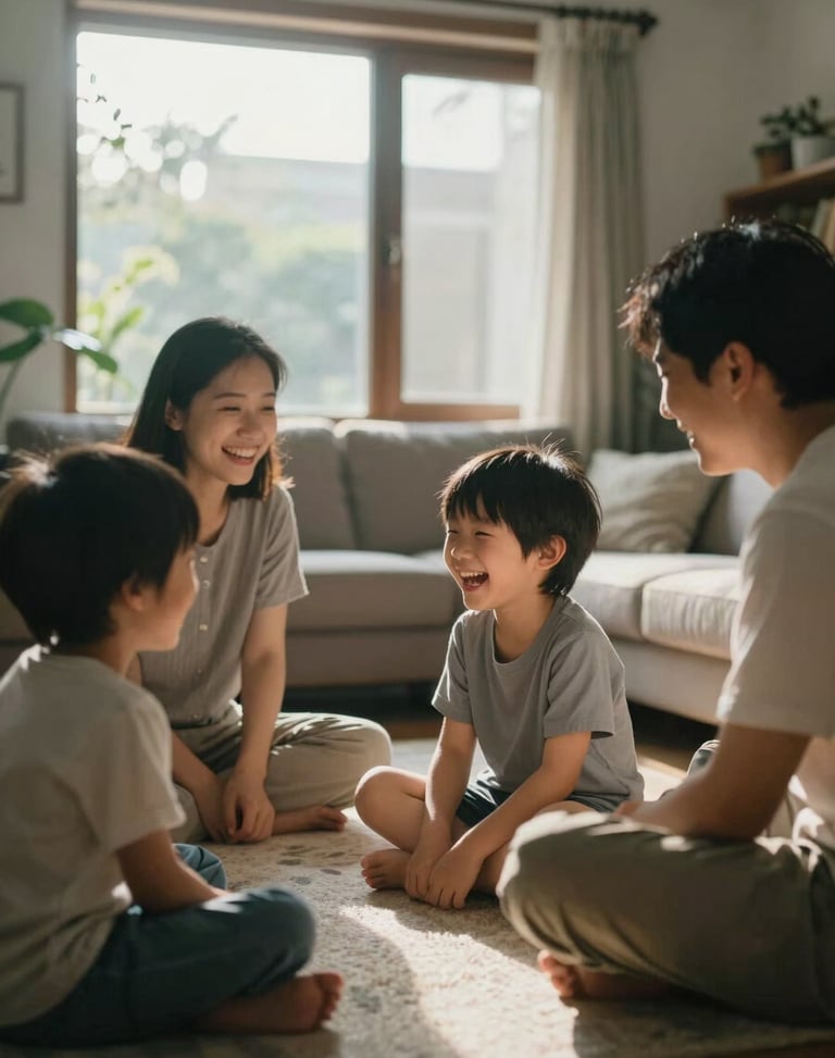 Cinematic shot of a family playing on a living room floor, soft morning window light, a child laughing candidly, authentic and warm interaction.