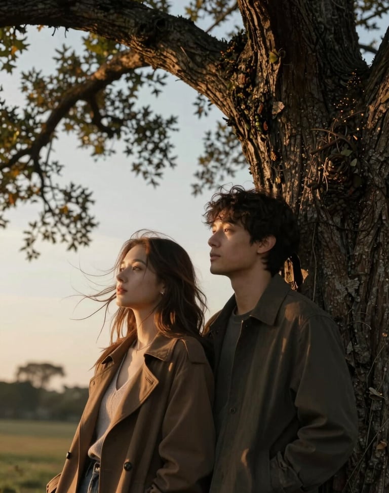 Cinematic medium shot of a couple leaning against each other under a warm oak tree, soft golden hour light, gentle wind in her hair, unposed intimacy.