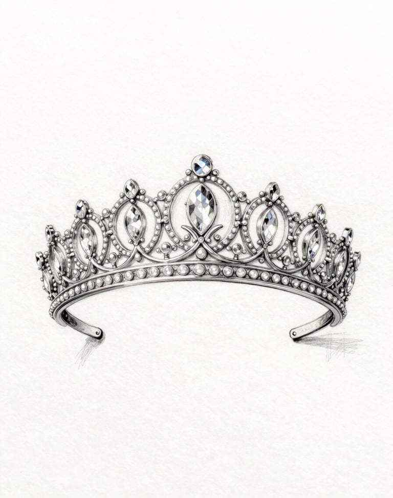 A detailed hand-drawn jewelry sketch with graphite and gouache on textured archival vellum paper, showing a complex tiara design, soft natural shadows
