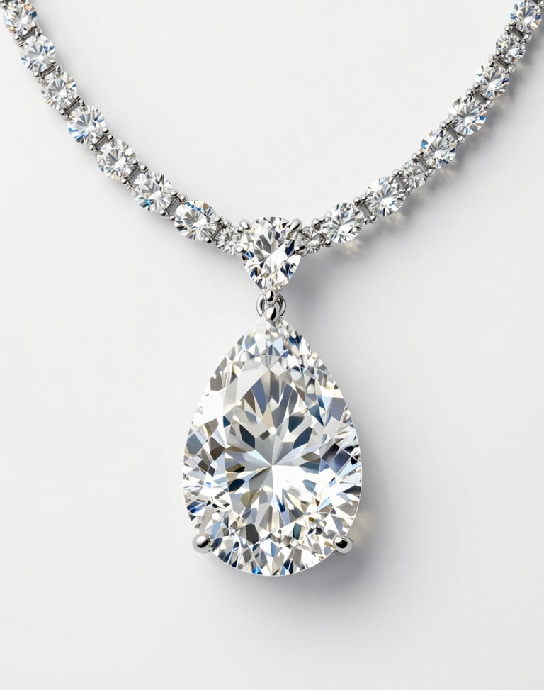 A hyper-realistic gemstone render of a 104-carat pear-cut diamond necklace, soft diffused studio light, minimalist white backdrop, crisp macro details, 85mm lens