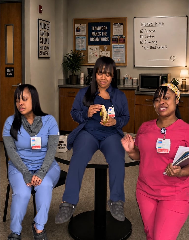 The nursing break room where healthcare workers can unburden themselves and share their truths without judgment.