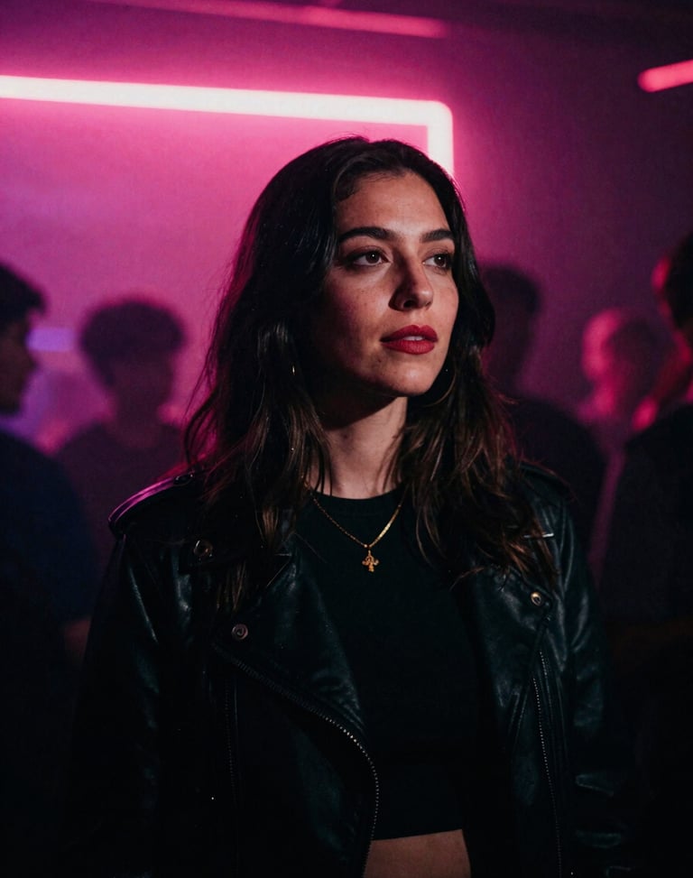 Intimate portrait of a female music journalist, dark club background, neon pink backlight, atmospheric grain