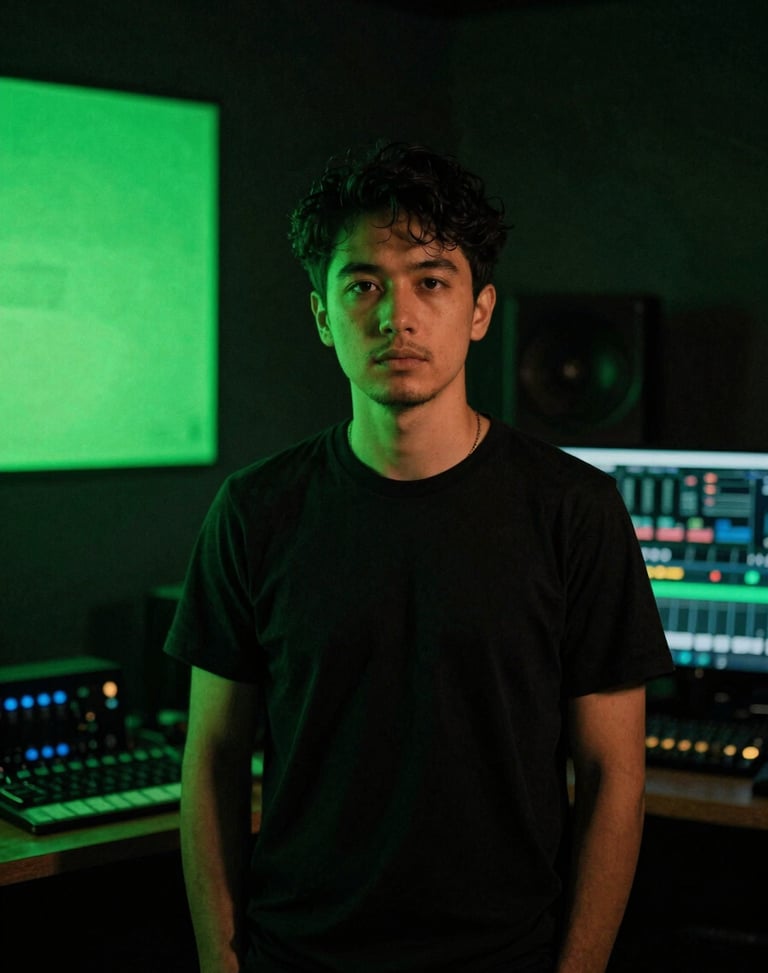 Intimate portrait of a music editor in a dark studio, neon green ambient light, moody shadows, authentic look