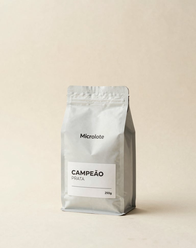 Minimalist studio photo of Microlote Campeão Prata coffee bag, 250g, textured cream background, warm earth tones, editorial composition