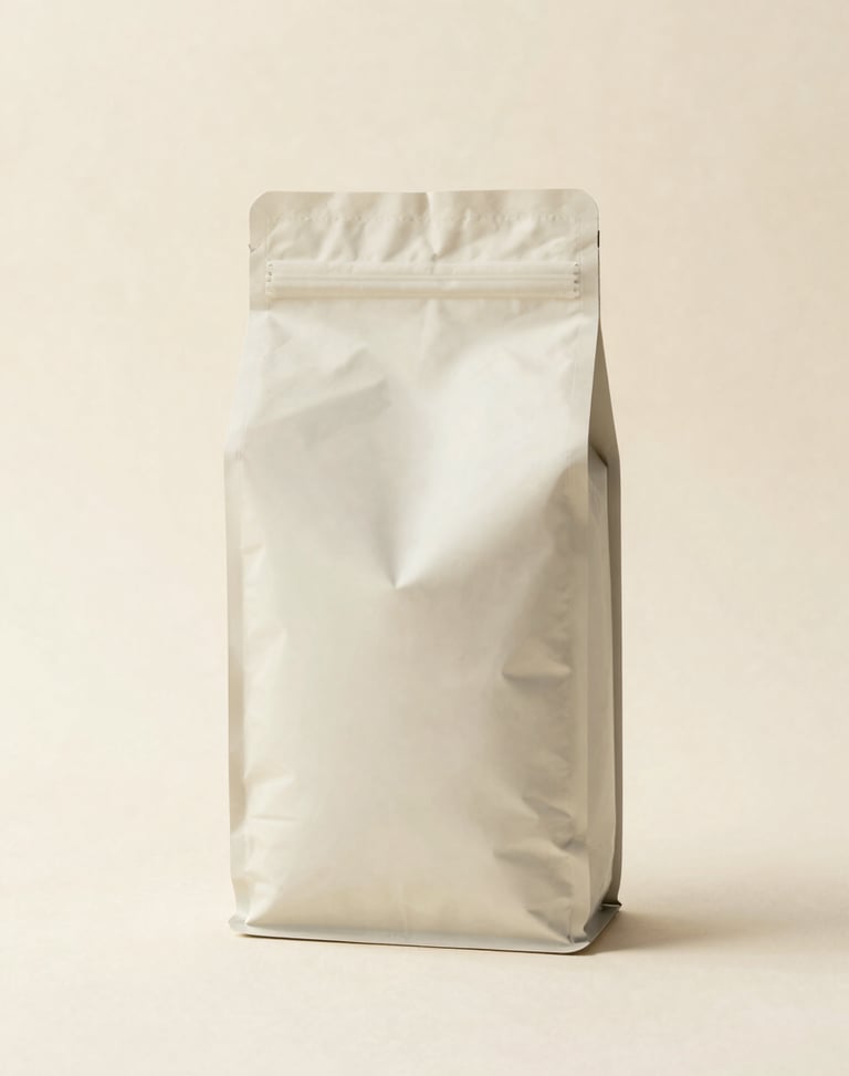Minimalist studio photo of Foodservice coffee bag, 1kg, textured cream background, warm earth tones, editorial composition