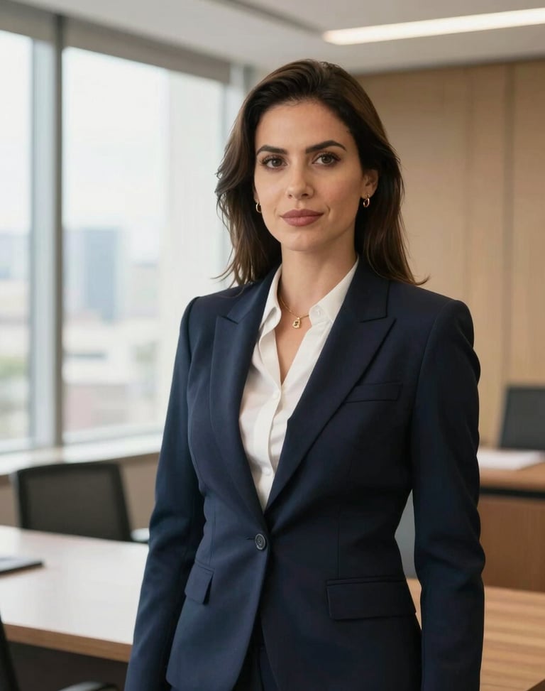 Professional portrait of a female corporate lawyer in a modern São Paulo office, elegant professional attire, bright natural light, sharp focus