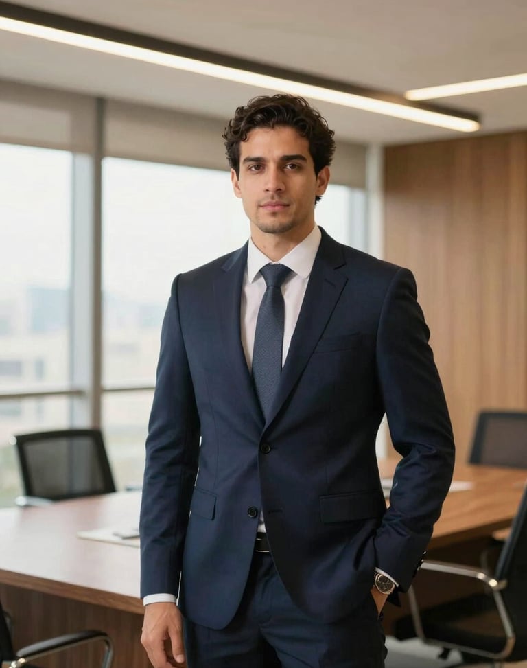 Professional portrait of a male corporate lawyer in a modern São Paulo office, deep navy suit, warm gold ambient lighting, confident look