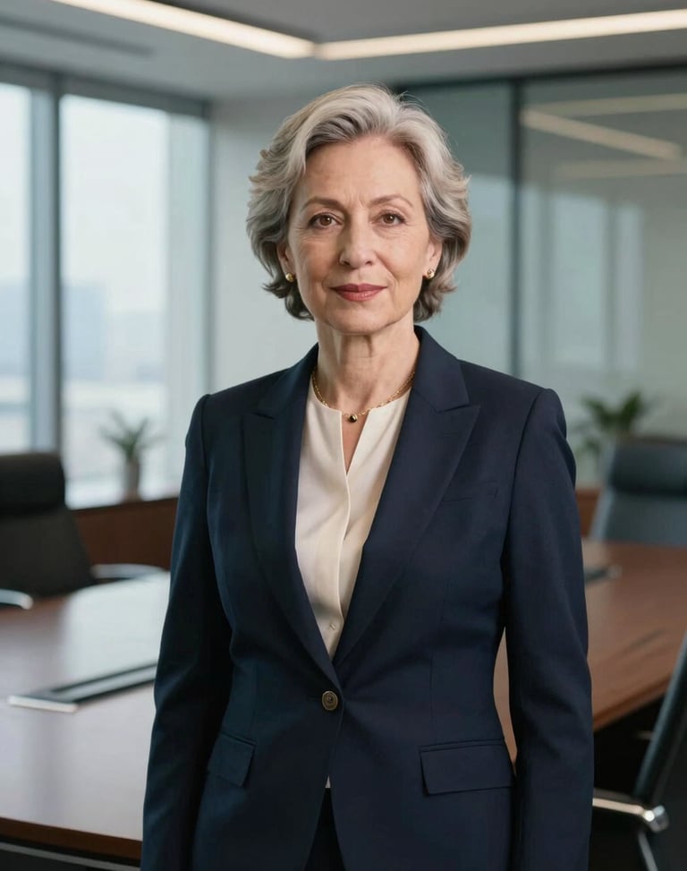 Sharp professional portrait of a senior female corporate lawyer in elegant business attire, modern executive boardroom background, cool morning light, shallow depth of field, 35mm