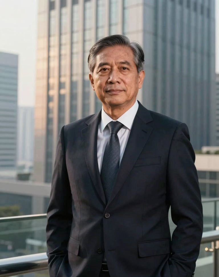 Sharp professional portrait of a senior male corporate lawyer in a dark tailored suit, cool morning office light, modern Jakarta high-rise background, shallow depth of field, 35mm