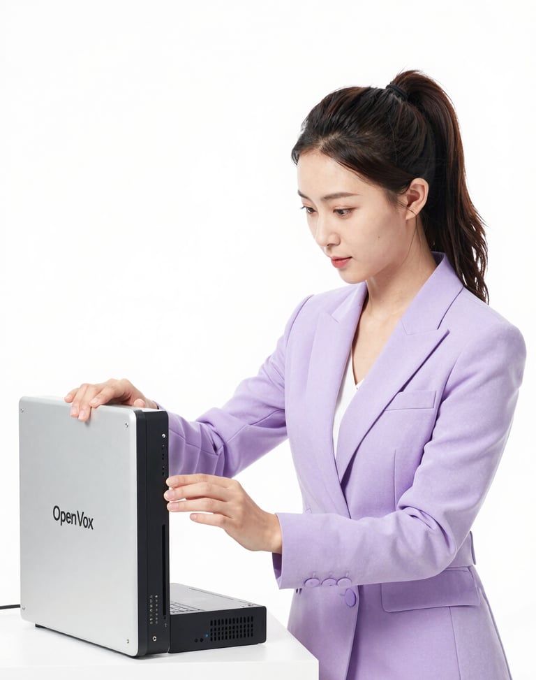 Bright studio photography of a pretty 25-year-old Chinese female engineer with untied hair wearing a light purple suit, setting up an OpenVox unified gateway device, high-key lighting, 50mm
