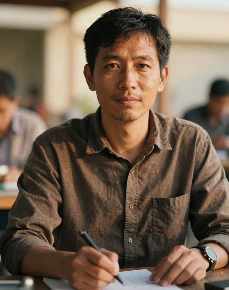A respectful close-up portrait of a program director working hands-on, natural golden-hour daylight, authentic human subject