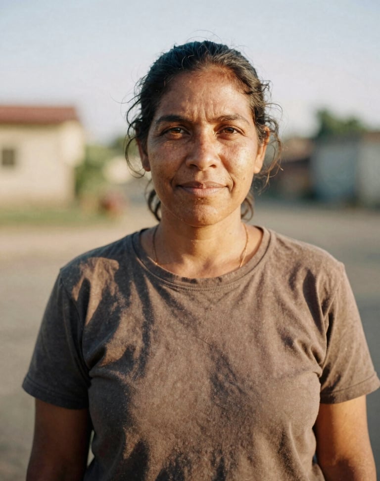 A respectful medium portrait of a community organizer looking directly at the camera, natural warm daylight, 35mm film look