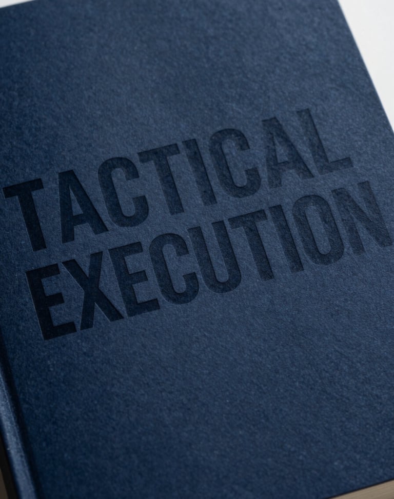 Extreme close-up of a physical book cover with a bold minimalist title 'TACTICAL EXECUTION' in heavy technical sans-serif, deep navy paper texture, sharp studio light.