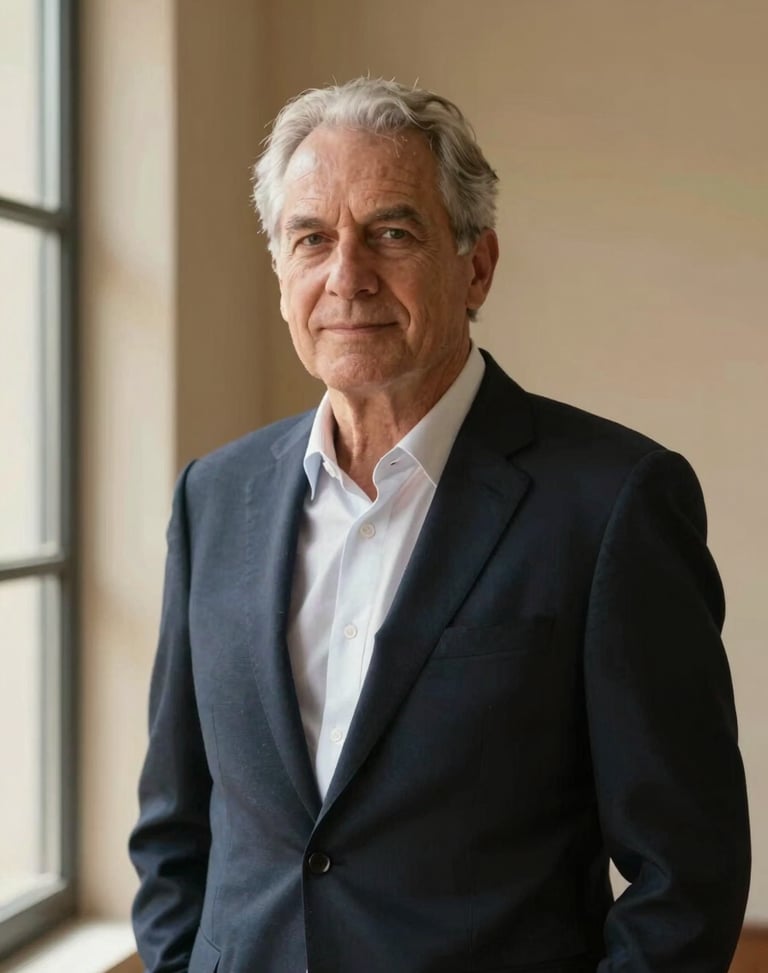 Sober professional portrait of a senior financial partner in a dark navy suit, natural window light, looking slightly off-camera, warm sand background, 35mm