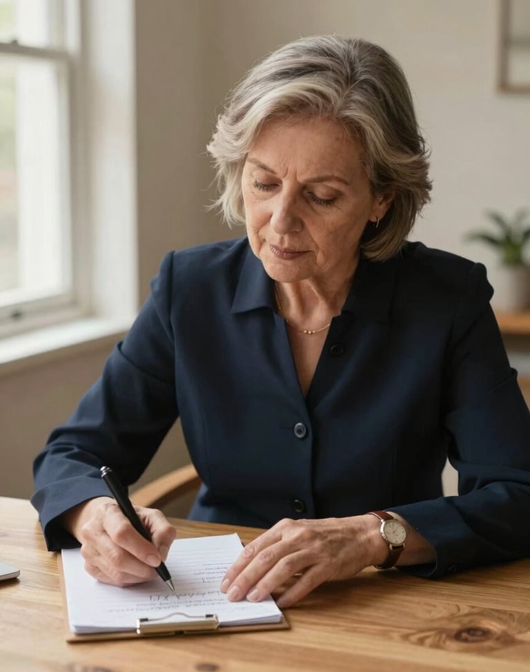 Sober professional portrait of a senior female financial consultant reviewing hand-written notes on a wooden table, soft natural window light, warm sand tones, 35mm