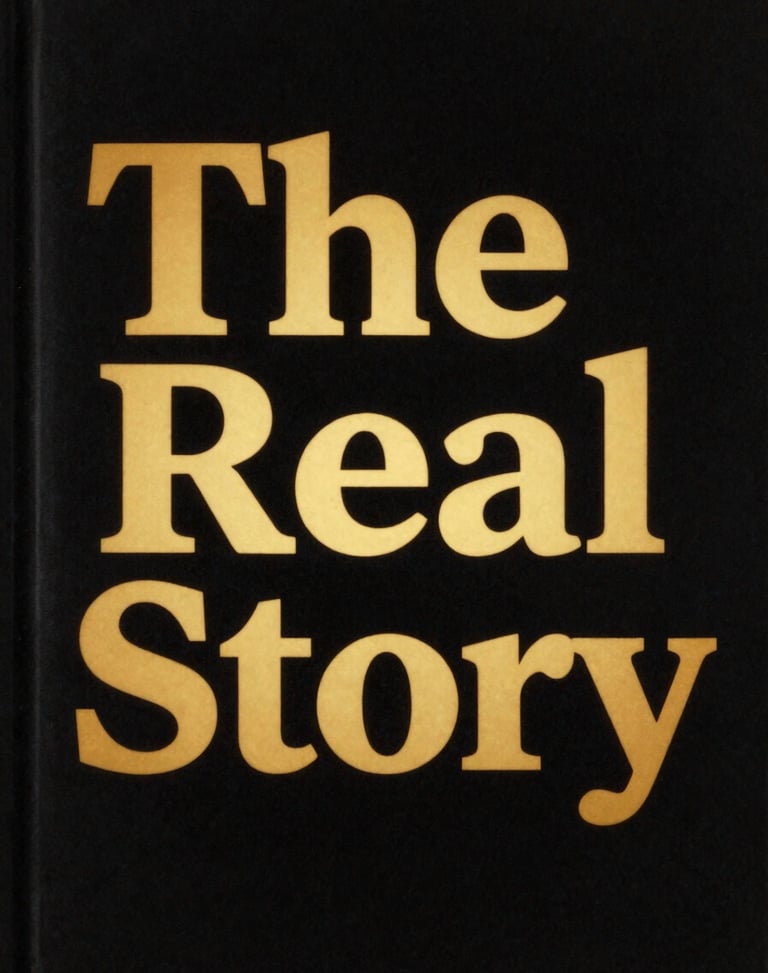 A striking book cover titled 'The Real Story' with bold gold lettering on a textured black background, low-key editorial style, 35mm film grain