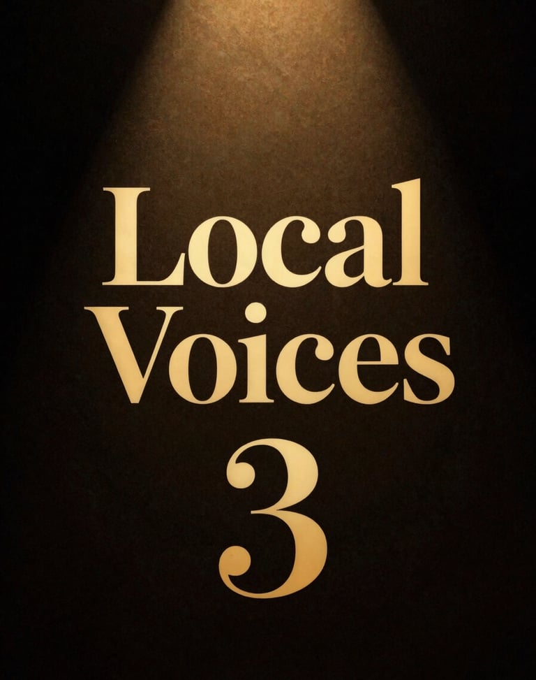 A striking book cover titled 'Local Voices' with elegant gold typography on a dark charcoal background, warm spotlighting, 35mm film grain