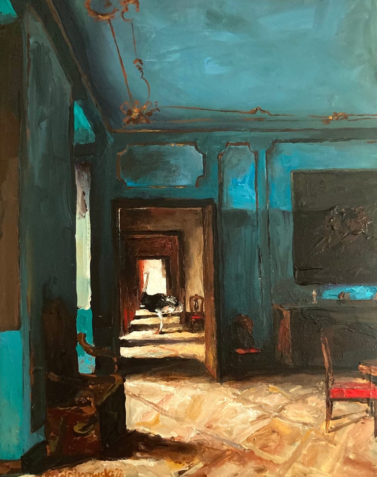 a painting of a room with a table and chairs and ostrich