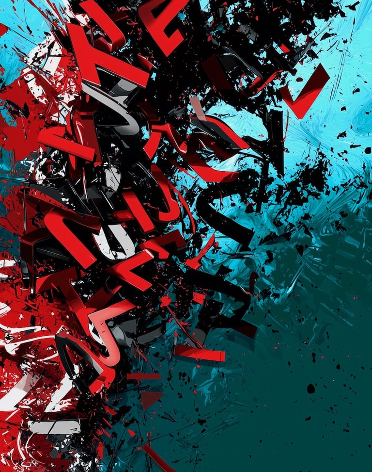 Red black and blue jumble of letters