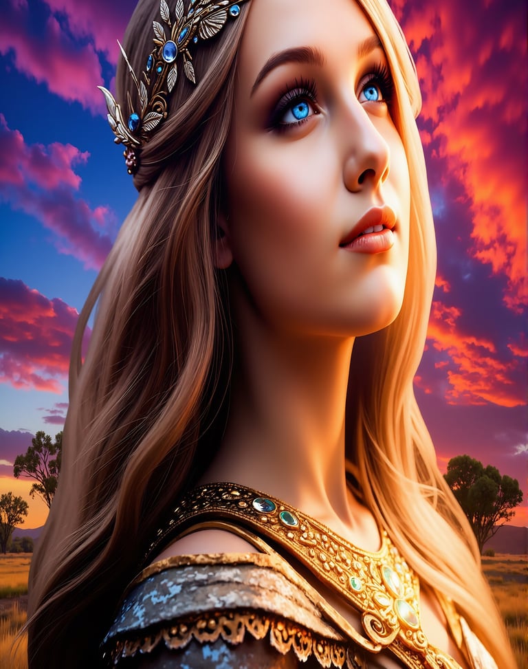 a woman with blue eyes and a crown on her head