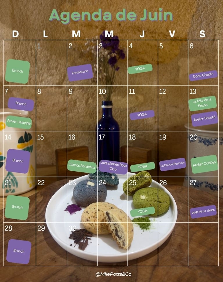 June calendar of Mlle Potts & Co, against a photo background featuring a plate of colourful cookies.