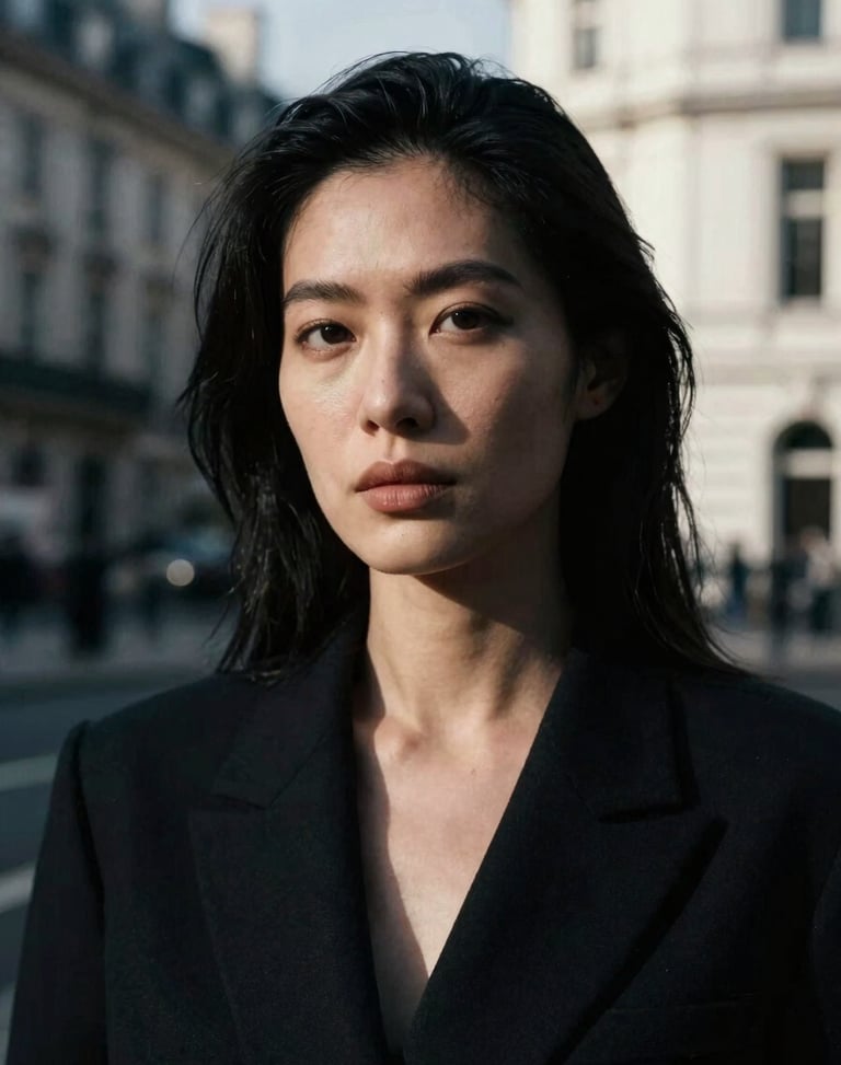 Sharp editorial portrait of a female strategist, close-up crop, high-contrast cinematic low-key lighting, dramatic shadows, moody London daylight, 35mm film grain