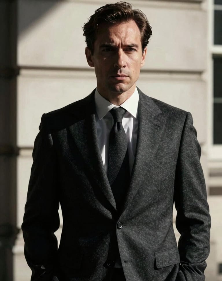 Sharp editorial portrait of a male strategist in a charcoal suit, high-contrast cinematic low-key lighting, dramatic shadows, moody London daylight, 35mm film grain