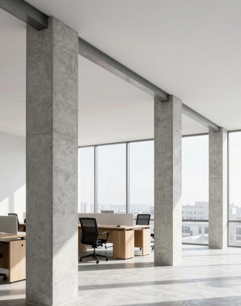Architectural portrait of a minimalist corporate office, raw concrete pillars, steel framing, clean lines, bright daylight.