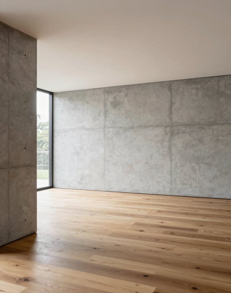 Architectural portrait of a modern minimalist living room, concrete walls, oak wood floor, soft natural light.