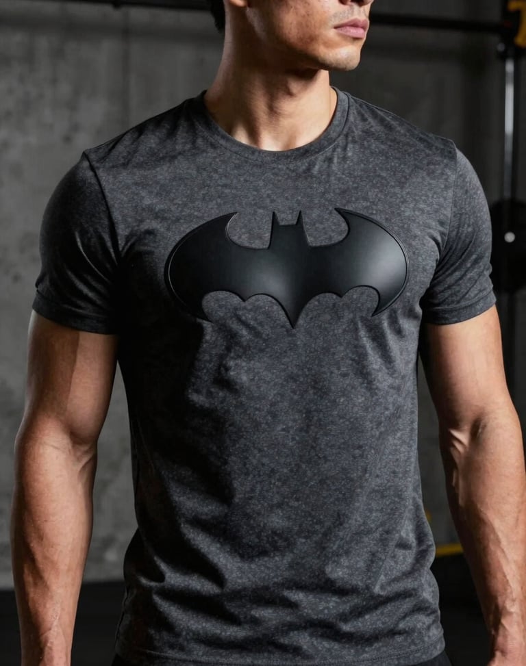 Athletic male model wearing a charcoal t-shirt with a matte black Batman emblem in high-relief, dramatic side lighting in a dark concrete gym setting, 35mm photography