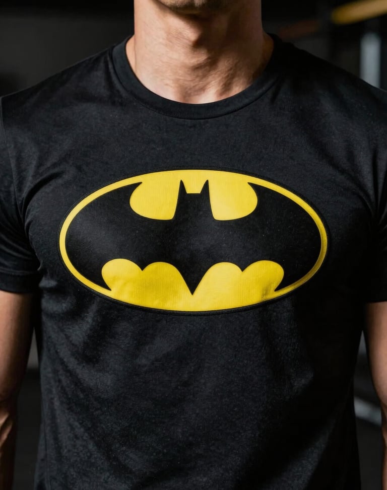 Athletic male model in a dark gym wearing a black t-shirt with a vibrant yellow and black Batman emblem in high-relief, high-contrast lighting, sharp macro detail
