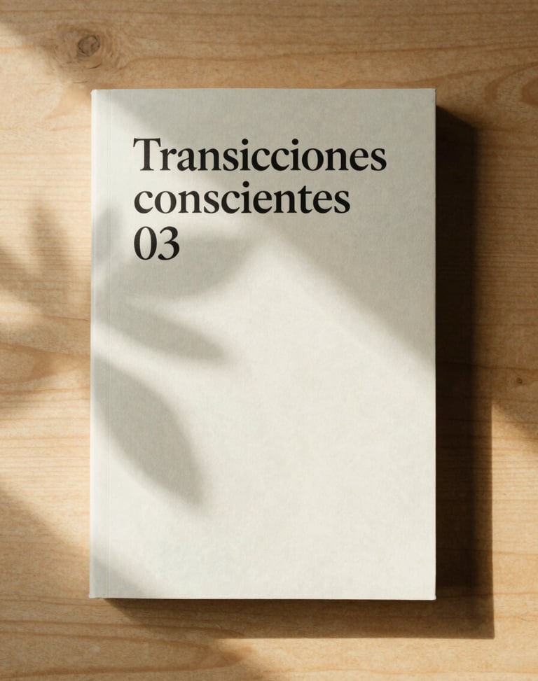 A minimalist book cover on a warm wooden surface, titled 'Transiciones conscientes', with soft morning sunlight filtering through leaves.