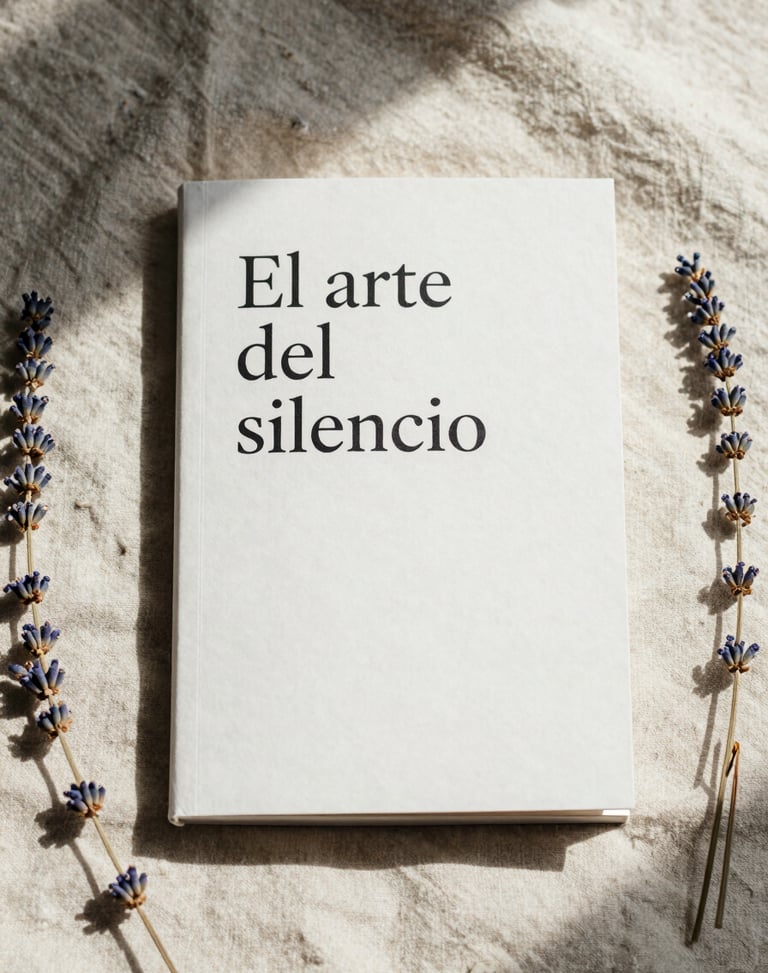 A beautiful minimalist book cover resting on a linen sheet, titled 'El arte del silencio', surrounded by dried lavender and soft shadows.