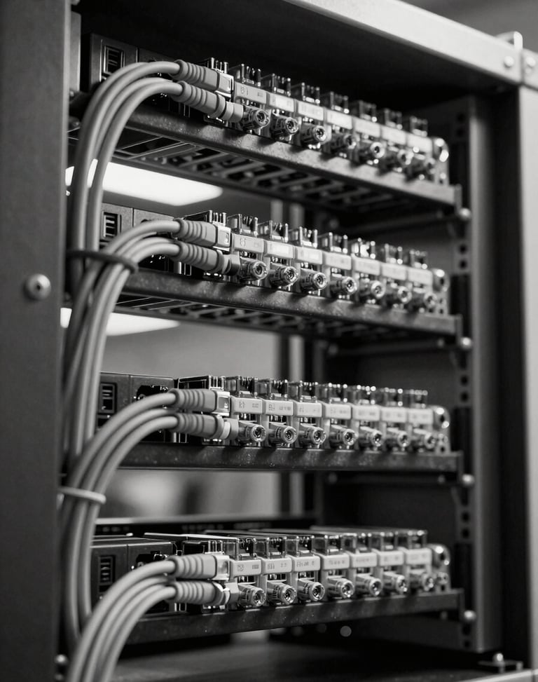Close-up overhead shot of structured cable routing inside a wall-mounted AV rack, neatly bundled ethernet and HDMI cables zip-tied in parallel rows, task lighting from below, black and white technical documentary style