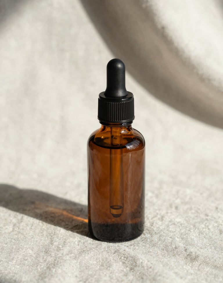 Close-up of a dark amber dropper bottle on a light linen fabric, soft morning shadows, architectural composition