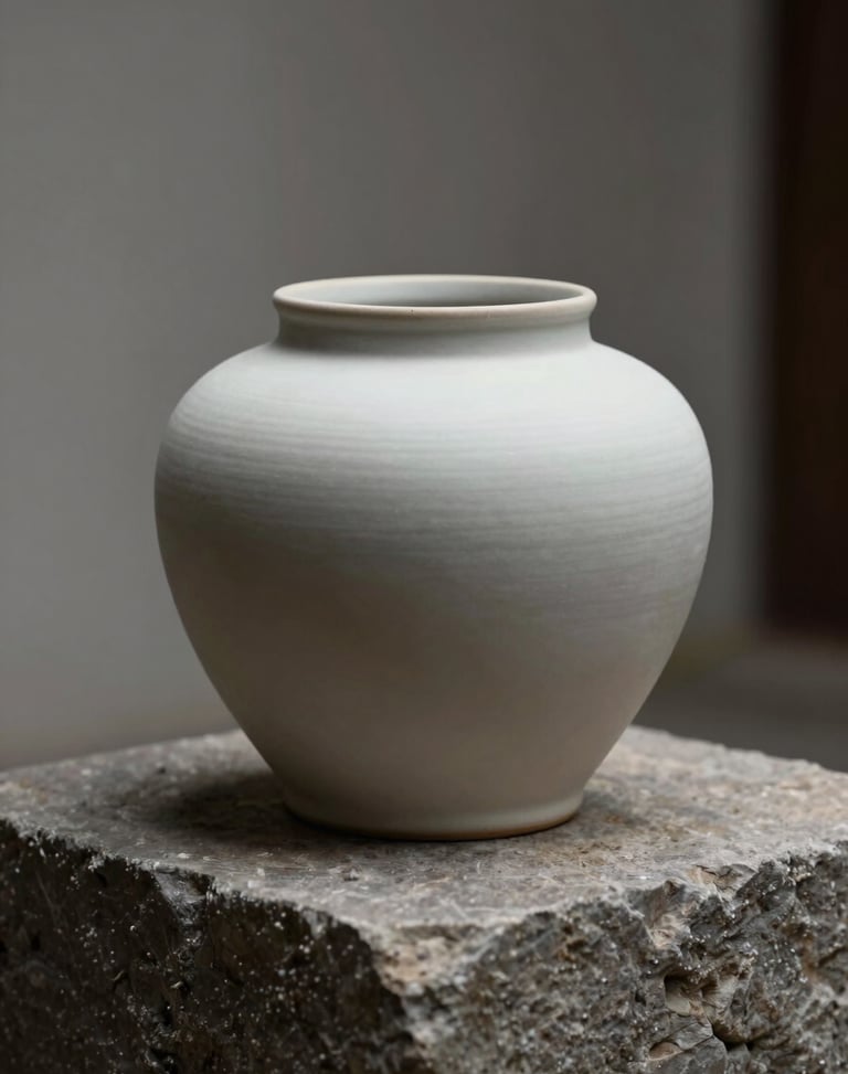 A minimalist ceramic jar with a matte finish, resting on a rough stone block, soft diffused light