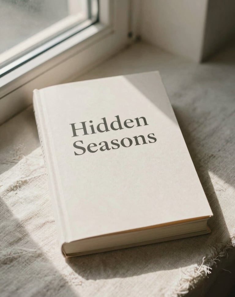 Book cover of Hidden Seasons resting on natural linen, soft morning window light, muted earth tones.