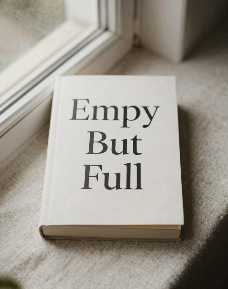 Book cover of Empty But Full resting on natural linen, soft morning window light, muted earth tones.