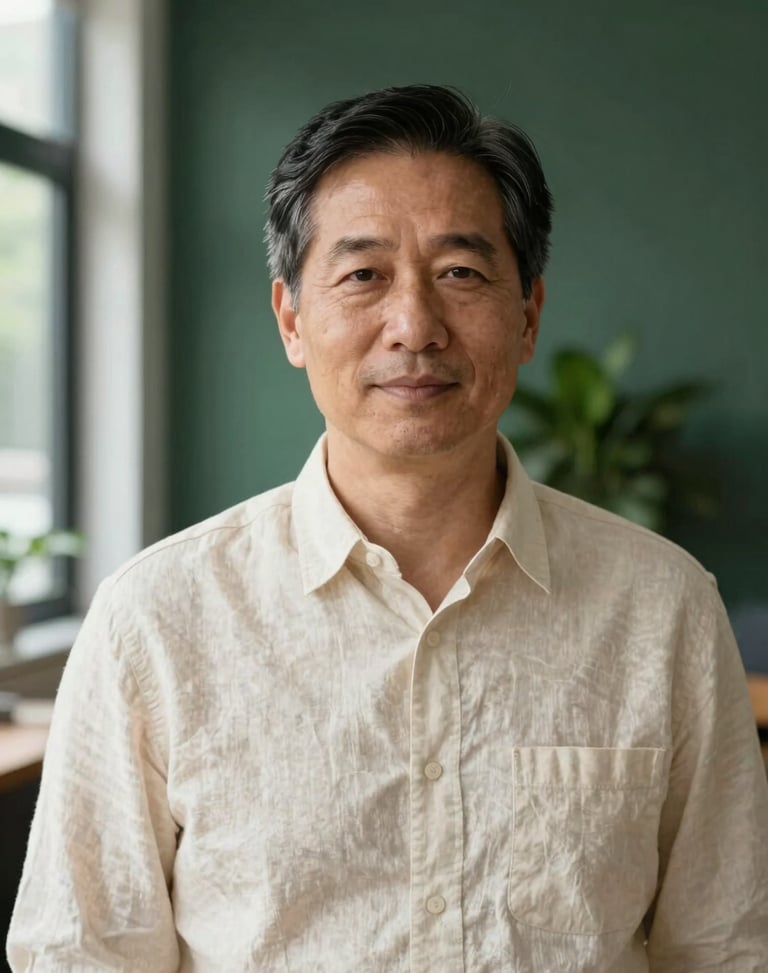 Professional portrait of a mature male financial advisor in a warm cream linen shirt, soft natural office lighting, shallow depth of field, 35mm.