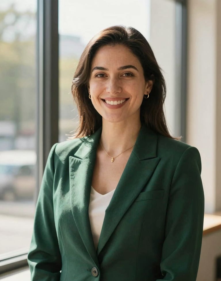 Professional portrait of a female corporate finance expert in a dark green blazer, smiling warmly, natural window light, 35mm.