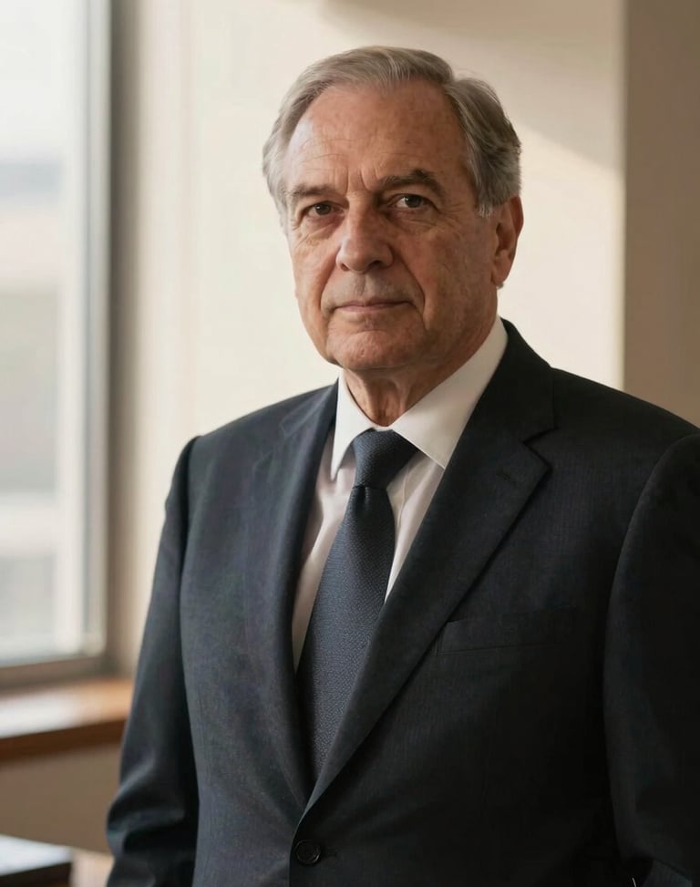 Professional portrait of a senior male lawyer in a dark suit, sober expression, warm window light, office background, 35mm
